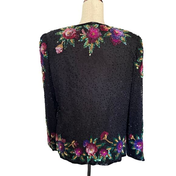 VTG BRILLIANTE BY J.A Silk Sequin Jacket Beaded Floral 80’s 90’s Glams Retro L - Picture 3 of 10